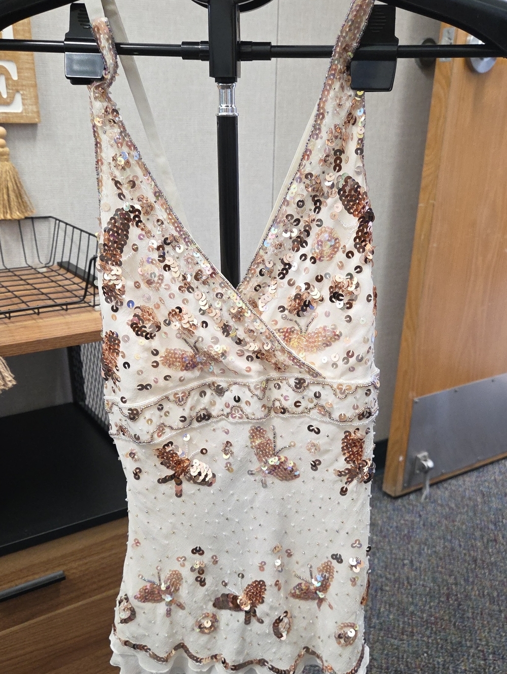 Vintage Authentic NWT BEBE Sequin Embellished V-Neck Ivory Cocktail Cami